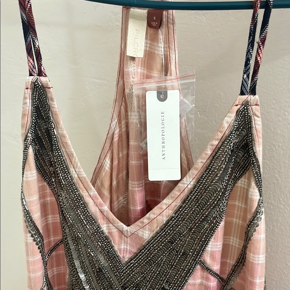 Anthropologie Pink Plaid top with Beaded Details Size Small - Picture 2 of 6